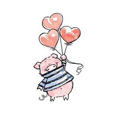 a drawing of a pig holding three heart shaped balloons in his arms and wearing a striped shirt