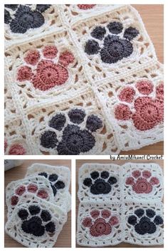 the crocheted blanket has paw prints on it