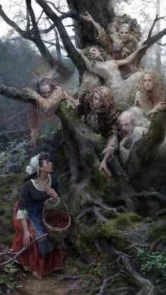 a painting of women in the woods with trees and branches, all dressed up as fairy characters