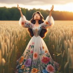 a woman standing in a field with her hands up to the sky and arms outstretched