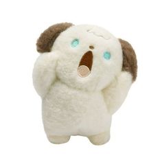 a white stuffed animal with brown ears and blue eyes, holding its arms up in the air