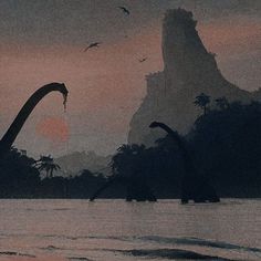 an image of dinosaurs in the water at sunset