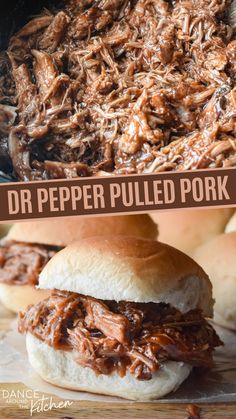 dr pepper pulled pork; photo of the pork and photo of the pork on a sandwich bun Pork In The Crock Pot, Pulled Pork Crockpot, Pulled Pork Crock, Dr Pepper Pulled Pork, Pork Crockpot, Crock Pot Pulled Pork Recipe, Pork Crockpot Recipes, Easy Crockpot Dinners