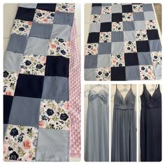 four different pictures of dresses on display with one being made into a quilt and the other is