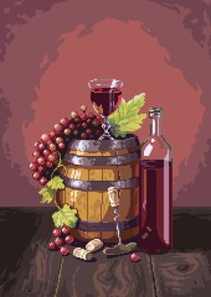a painting of wine and grapes in a barrel with a glass next to it on a wooden table