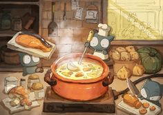a painting of some food in a pot on a table with other items around it