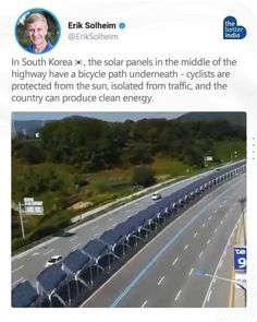 an aerial view of a highway with cars driving on it and the caption says in south korea, the solar panels in the middle of the highway are protected from the sun