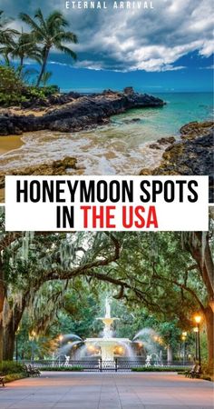 the front and back cover of honeymoon spots in the usa with text overlaying it