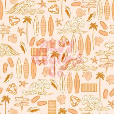 an orange and white pattern with surfboards, palm trees, and other things on it