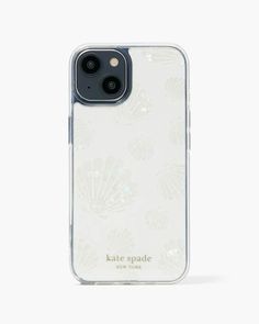 an iphone case with shells printed on the front and back, in clear transparent plastic