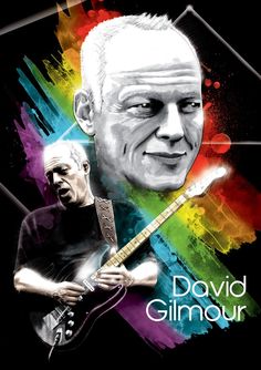 a painting of a man with a guitar in his hand and the words david glimour on it