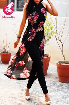 Sleeveless Long Dress Indian, Georgette Tops For Jeans, Georgette Kurtis Designer, Printed Georgette Dress, Kurti Black, Stylish Kurtis Design, Indian Kurti Designs, Floral Sleeveless Dress, Long Dress Fashion
