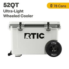 the rtic ultra light wheeled cooler has wheels on each side and is white with black lettering