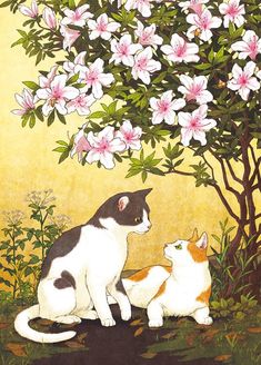 two cats are sitting in the grass under a tree with white and pink flowers on it