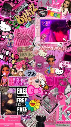 a collage of pink and black pictures with hello kitty stickers on the side