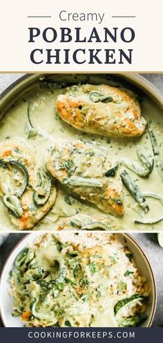 creamy poblano chicken in a pan with spinach and cheese on the side