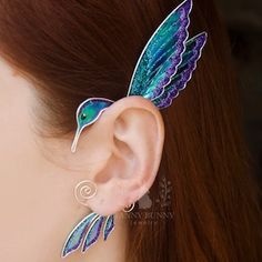 Hummingbird Inspired Outfit, Ear Hook Earrings, Ear Cuff Styling, Wire Jewelry Ear Cuff, Hummingbird Accessories, Hummingbird Fashion, Bird Outfit, Hummingbird Dress, Hummingbird Wedding