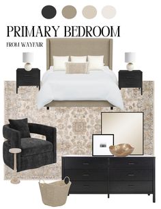 a bedroom is shown with furniture and accessories in black, white, beige and grey colors