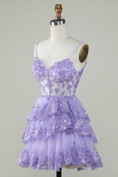 Short Dress Hoco, Purple Hoco Dresses, Purple Homecoming Dresses, Lavender Homecoming Dress, Sparkly Corset, Unique Hoco Dresses, Corset Layering, Corset Homecoming Dress, Prom Dreses