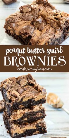 peanut butter swirl brownies are stacked on top of each other with chocolate chips in the middle