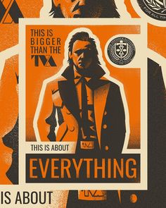 an orange and black poster with the words everything is about