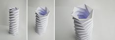 three different views of an origami vase