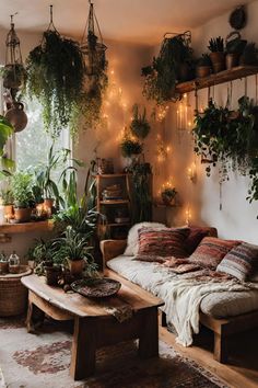 a living room filled with lots of potted plants and lights hanging from the ceiling