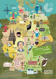 an illustrated map of germany with all the main cities