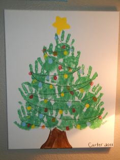 a handprint christmas tree is displayed on the wall