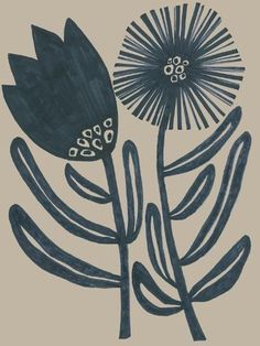 two blue flowers on a beige background with black and white lines in the shape of leaves