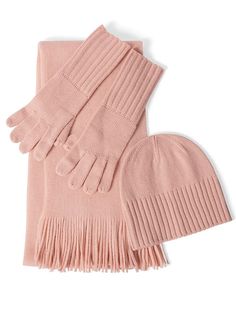 Fashion, Accessories & Handbags- Your quintessential cold-weather co-ord, this three-piece knit set includes a long fringe wrap-around scarf, gloves with long cuffs and ribbed-edge beanie to keep you feeling cozy and looking perfectly put-together. ·  Acrylic. Imported Brown Gloves, Pink Scarf, Hat And Scarf Sets, Long Fringe, Pink Scarves, Hat Scarf, Pink Hat, Scarf Hat, April 2024