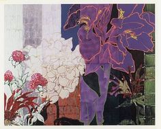 a painting of purple flowers in front of a window