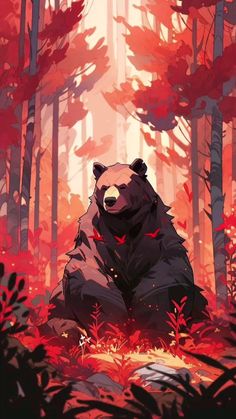 a bear sitting in the middle of a forest with red leaves on it's ground