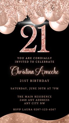 an elegant 21st birthday party with pink and gold glitters on the black background, it is