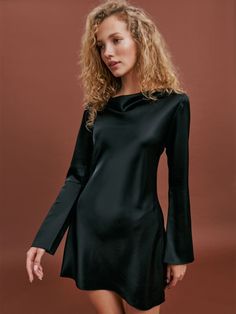 Try not to play favorites.  Shop the Pike Satin Dress from Reformation, a slightly relaxed fitting mini dress with long sleeves. Satin Dress With Sleeves, Satin Dresses Long Sleeve, Long Sleeve Velvet Dress, Black Satin Dress, Fitted Mini Dress, Long Sleeve Mini, Satin Dress, Dance Dresses, Dream Dress