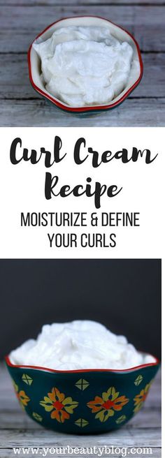 a bowl filled with whipped cream next to another bowl full of whipped cream and the words, can cream recipe moistize & define your curls