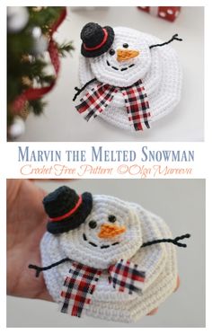 crocheted snowman ornament is shown in three different photos and the text reads, marvin the melted snowman crochet free pattern