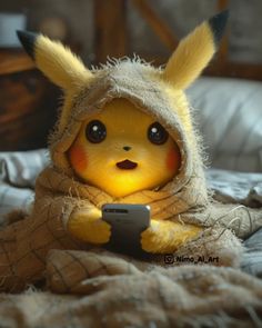 a stuffed animal is sitting on a bed with a cell phone in it's hand