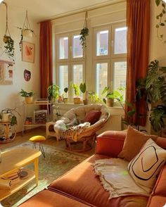 a living room filled with furniture and lots of plants on the windows sills