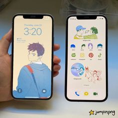 two iphones with the same character drawn on them, one is being held up by someone's hand