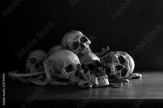 black and white photograph of three human skulls on a wooden table in front of a dark background