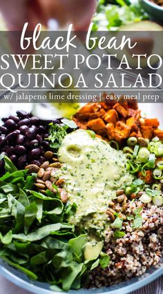 Sweet Potato Quinoa Salad with dressing being poured over it. Quinoa Potato Salad, Super Healthy Salads, Kale Black Bean Salad, Spinach Sweet Potato Salad, Black Bean Salad With Sweet Potato, Quinoa Avocado Salad Recipes, Quinoa Salad With Black Beans, Black Bean Sweet Potato Salad, Sweet Potato Spinach Salad