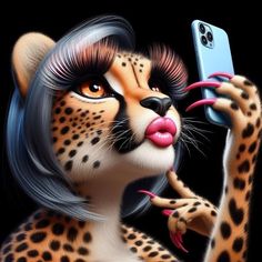 a cheetah holding a cell phone up to its face