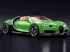 a green bugatti sports car on a black surface with the top down and it's doors open