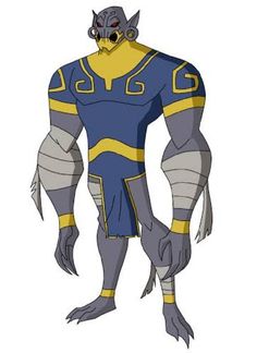 an image of a cartoon character in blue and yellow outfit with large claws on his head