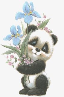 a painting of a panda bear holding flowers
