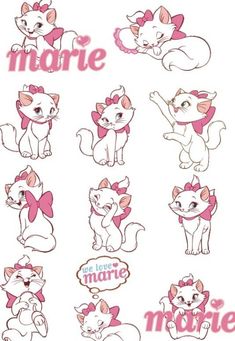 some cute little kittens with pink bows on their heads and the words marie in different languages