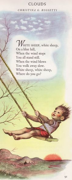 an illustration of a girl swinging on a rope with the caption, white sheep