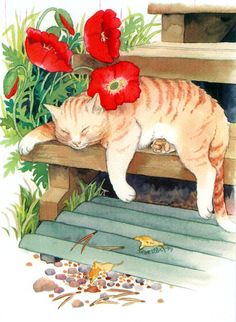 a cat sleeping on top of a wooden bench next to flowers