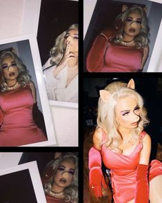 a collage of photos with a woman dressed as a cat